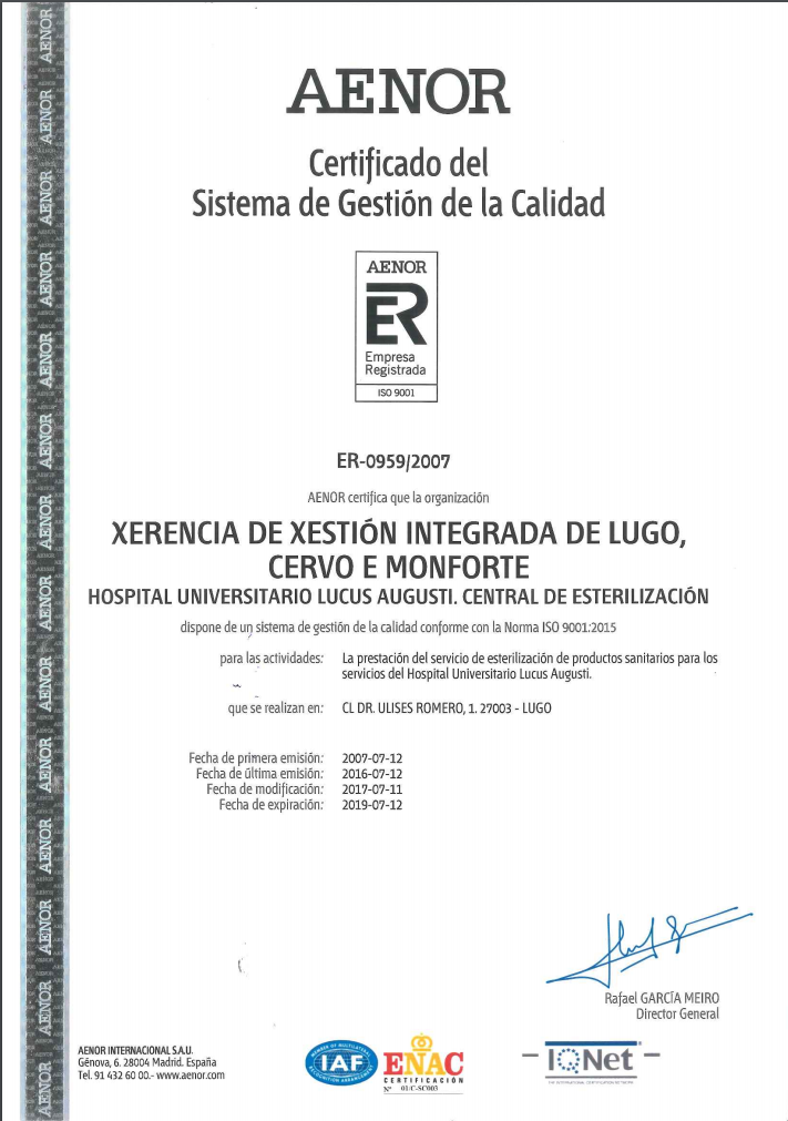 Certificado ISO 9001 HULA - Esterilización